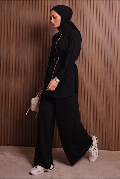 TRENDTESETTÜR Women's Black Pants Suit with Belt t 9935