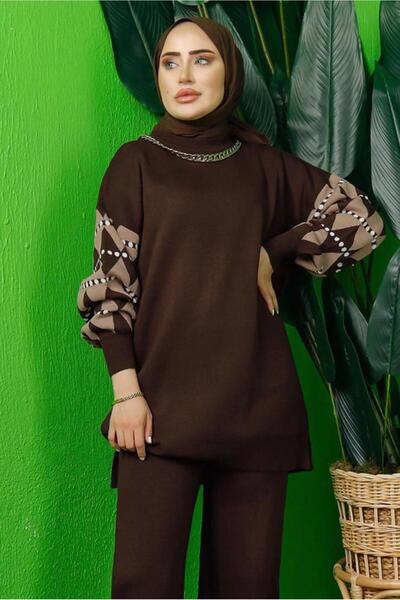 TRENDTESETTÜR Women's Brown Sleeved Patterned Knit Tunic t 3408-1