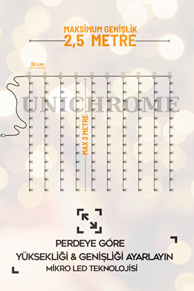 Unichrome 300 Ledli 10 Sarkıt Perde Led Işık-8 Fonksiyon, Uzaktan Kumandalı, 3x3 Metre, Düz Askı