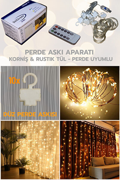 Unichrome 300 Ledli 10 Sarkıt Perde Led Işık-8 Fonksiyon, Uzaktan Kumandalı, 3x3 Metre, Düz Askı