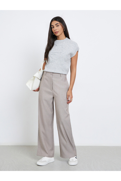 Styli Women Grey Wide Leg Herringbone Weave Trousers