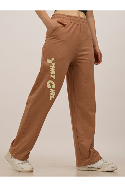 Outzidr By Styli بنطال رياضي بني مطبوع من الجانب ومخيط