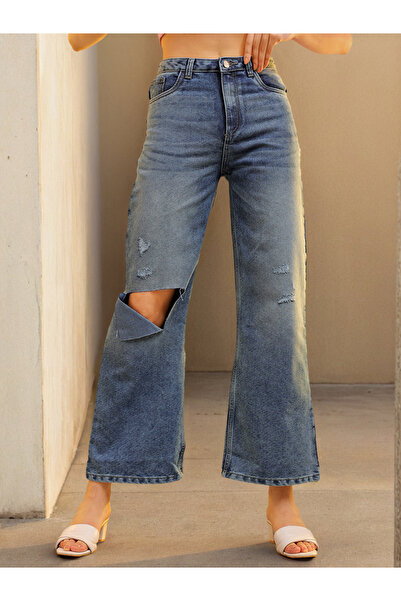 Freehand By Styli Blue Mid-Rise Ripped Flared Jeans