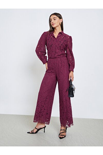 Styli Burgundy Lace Wide Leg Pants