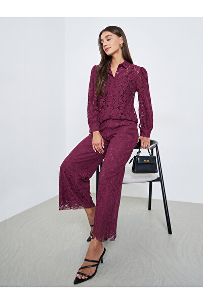 Styli Burgundy Lace Wide Leg Pants