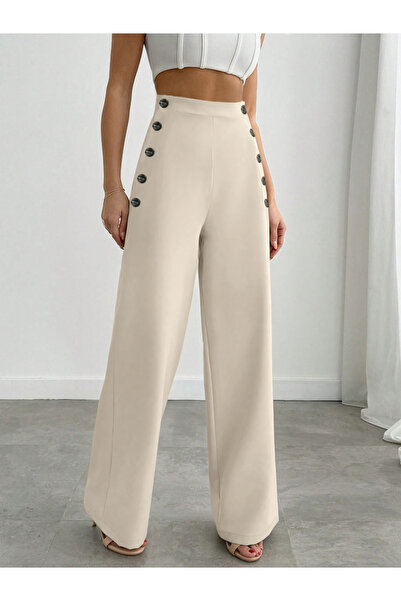 Take Two By Styli Off White Straight Leg Trousers with Button Detail
