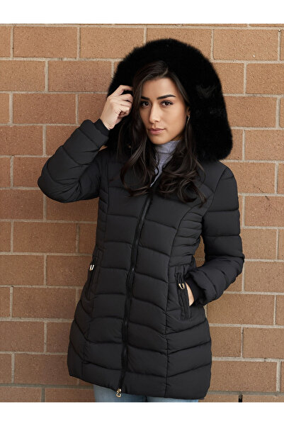 SETTY KOOP Women’s Long Slim-Fit Puffer Coat with Plush Faux Fur Hood, Winter Jacket with Zip Pockets