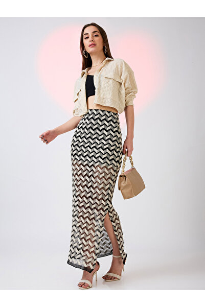 Globus By Styli Black and White Chevron Pattern Crochet Maxi Skirt
