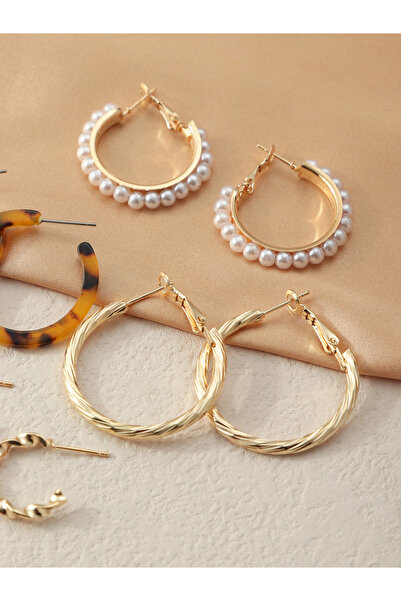 Take Two By Styli Set of 5 - Faux Pearl Leopard Print Hoop Earring