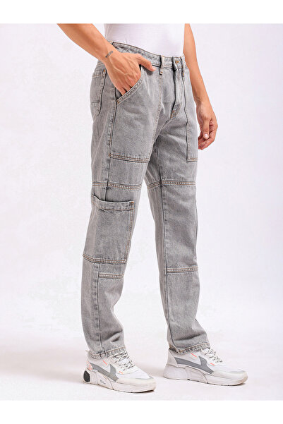 The Indian Garage Co By Styli Men Grey Mid Wash Cargo Jeans