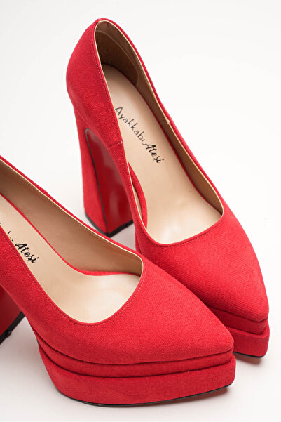 Ayakkabı Ateşi Double Platform Thick High Heels Pointed Toe Women's Shoes Red Suede