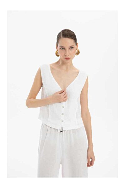 İpekçi Otantik V-Neck Linen Buttoned Vest White