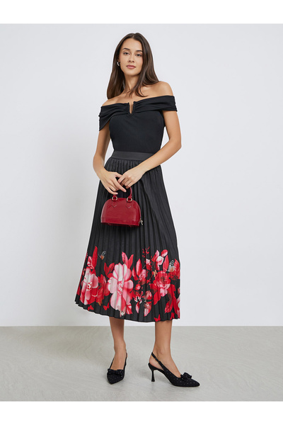 Styli Black Floral Print Pleated Midi Skirt