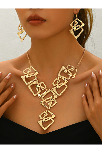 Take Two By Styli Geometric Hollow Necklace and Earrings Jewelry Set