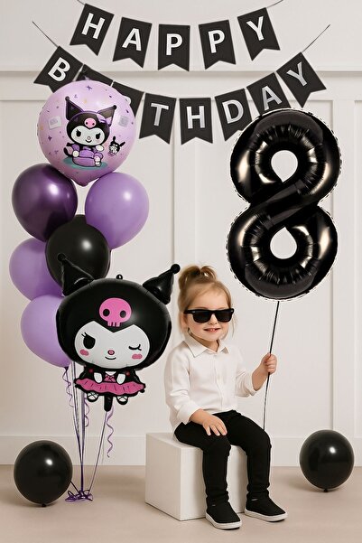 PARTİAVM 8 Yaş Kuromi Tema Doğum Günü Balon Set Siyah Rakam Happy Birthday Ba...