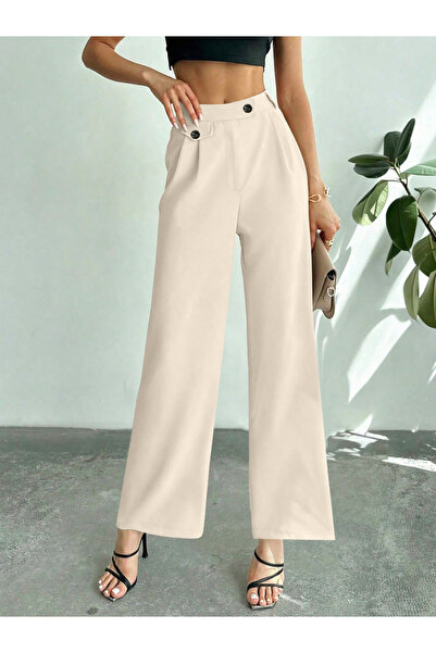 Take Two By Styli Off White Wide Leg Trousers with Button