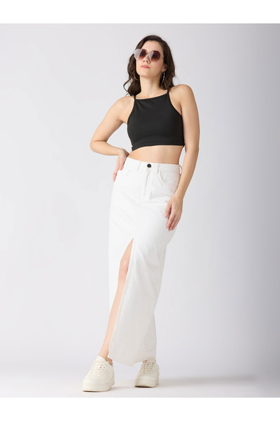 Globus By Styli White Solid Front Slit Straight Denim Maxi Skirt