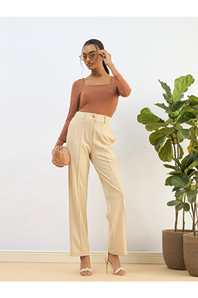 Sassafras By Styli Beige Front Dart Straight Leg Pants