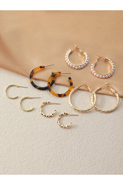 Take Two By Styli Set of 5 - Faux Pearl Leopard Print Hoop Earring
