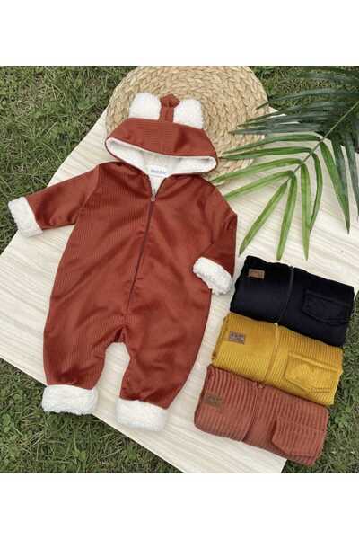 NOMİRO Wellsoft Süper Yumuşak Fitilli Kadife Bebek Tulumu - Kulaklı Kapüşonlu