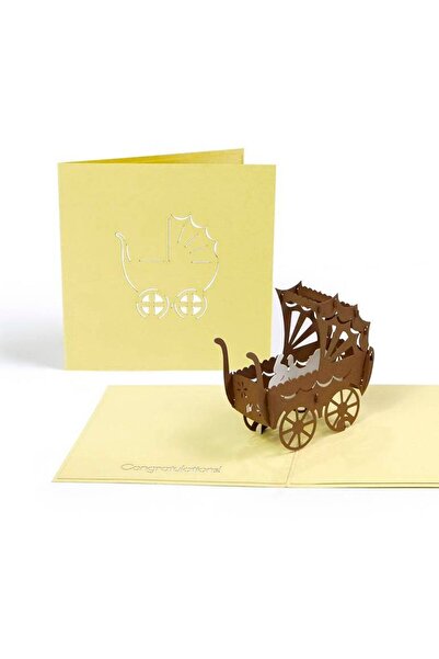 ruh بطاقة مولود جديد - غلاف أصفر بسيط مع رسم لعربة أطفال بيضاء