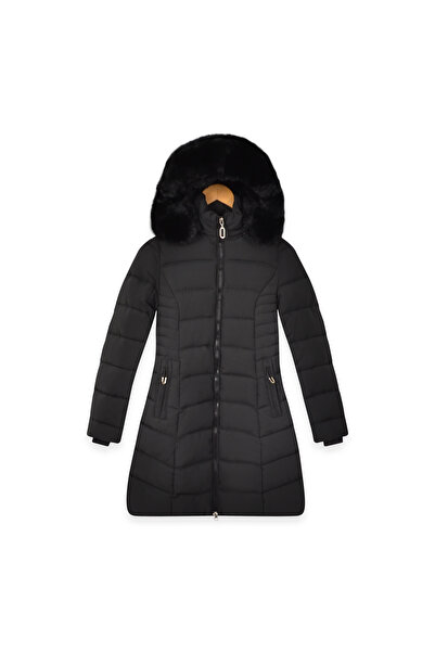 SETTY KOOP Women’s Long Slim-Fit Puffer Coat with Plush Faux Fur Hood, Winter Jacket with Zip Pockets