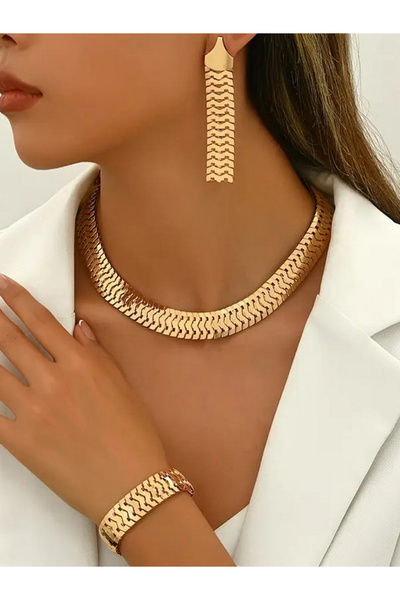 Take Two By Styli طقم مجوهرات من قلادة وأقراط وسوار على شكل سلسلة متعرجة