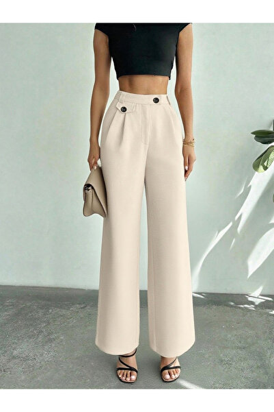 Take Two By Styli Off White Wide Leg Trousers with Button