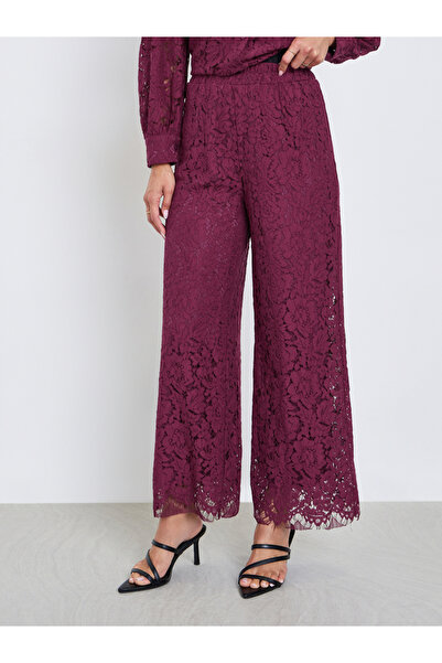 Styli Burgundy Lace Wide Leg Pants