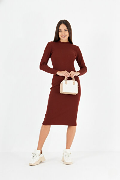ESPİNA Women's Half High Neck Bodycon Long Sleeve Knitted Ribbed Knit Dress -Burgundy