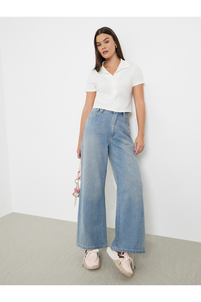 Styli بنطال جينز باهت بقصة واسعة وخصر مرتفع