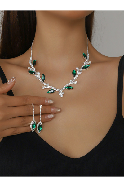Take Two By Styli Rhinestone Leaf Necklace and Earrings Set