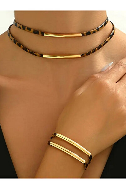 Take Two By Styli Leopard Print Bar Detail Necklace and Bracelet Jewelry Set