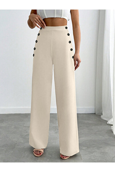 Take Two By Styli Off White Straight Leg Trousers with Button Detail