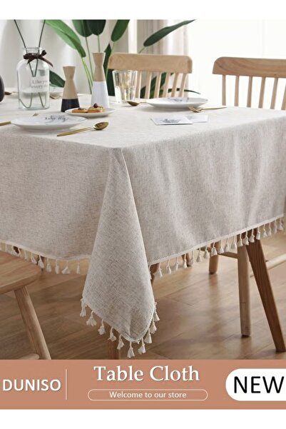 FLYROAD 90x140CM Waterproof Embroidered Burlap Linen Tassel Tablecloth