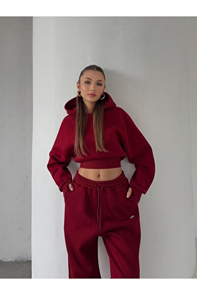 OYKUWEAR OW Parmak Geçmeli Kapüşonlu Crop Bordo Sweatshirt