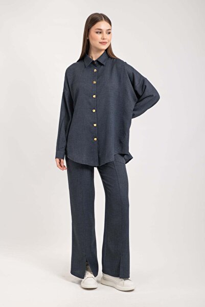 Hatun Atila Women's Gold Buttoned Leg Slit Double Suit 8758 - Navy Blue