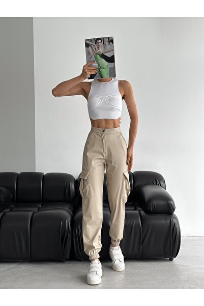 Gugus KADIN KARGO CEPLİ PAÇA LASTİKLİ DERİ ПАНТАЛОНИ