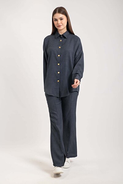 Hatun Atila Women's Gold Buttoned Leg Slit Double Suit 8758 - Navy Blue