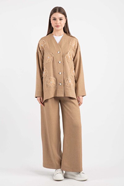 Hatun Atila Women's Tulle Floral Stone Detailed Two-Piece Set 8747 - Mink