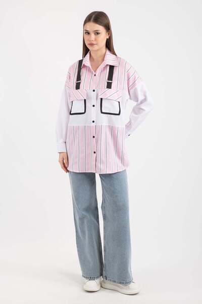 Hatun Atila قميص نسائي قصة فضفاضة مخطط بتصميم جيوب وحمالات 7933 - وردي