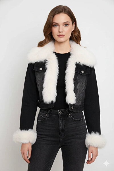 cemo Siyah Kot Suni Kürk Yaka Manşetli Mont