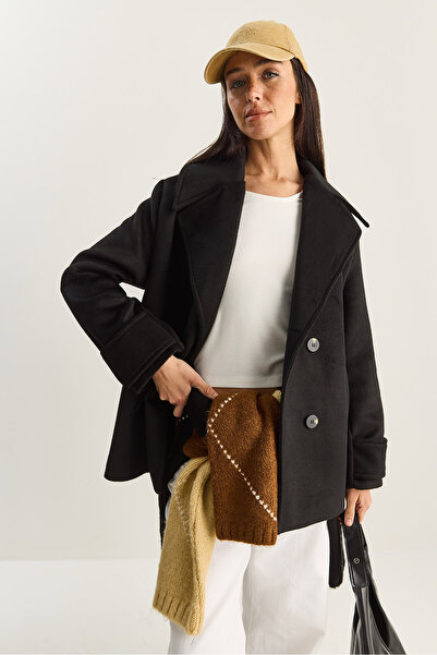 Bianco Lucci Women's Double-Breasted Collar Lined Short Oversized Cashmere Coat 3508 60283850