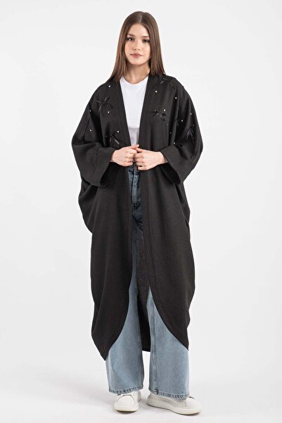 Hatun Atila Long Cardigan with Bow and Stones 7948 - Black
