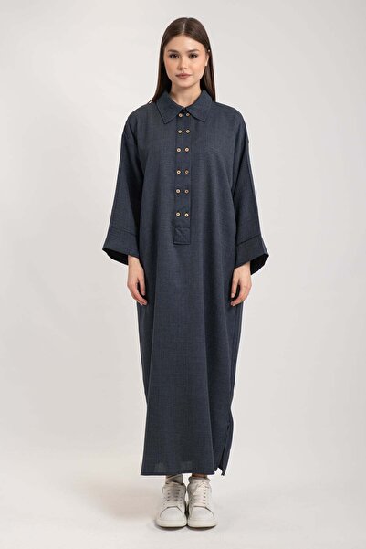 Hatun Atila Shirt Collar Double Buttoned Skirt Mini Slit Linen Dress 7945 - Navy Blue