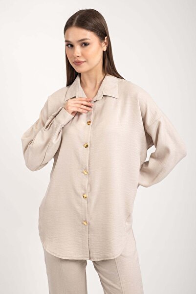 Hatun Atila Women's Gold Buttoned Leg Slit Double Suit 8758 - Beige