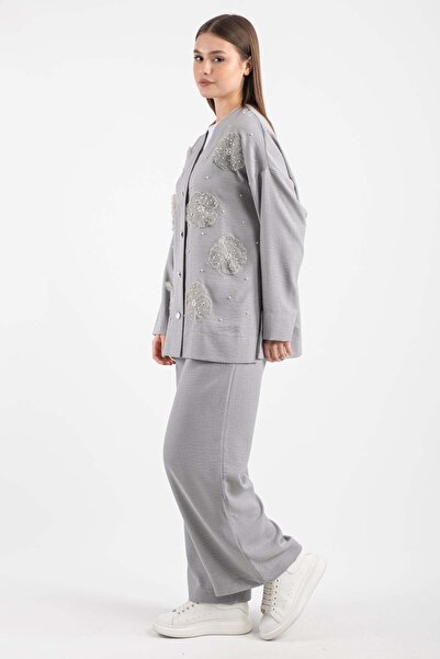 Hatun Atila Women's Tulle Floral Stone Detailed Two Piece Set 8747 - Gray