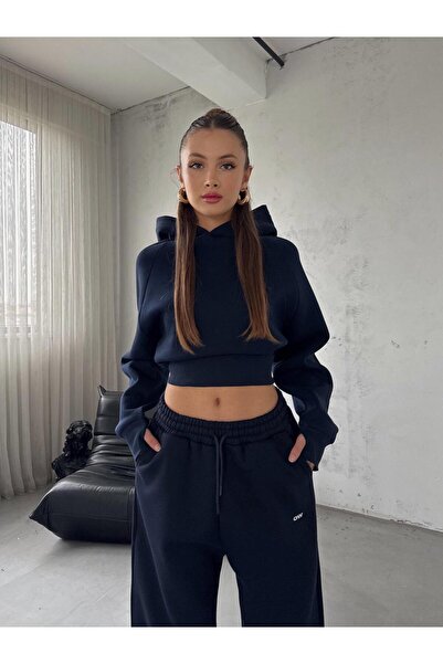 OYKUWEAR OW Parmak Geçmeli Kapüşonlu Crop Koyu Lacivert Sweatshirt