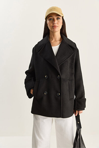 Bianco Lucci Women's Double-Breasted Collar Lined Short Oversized Cashmere Coat 3508 60283850