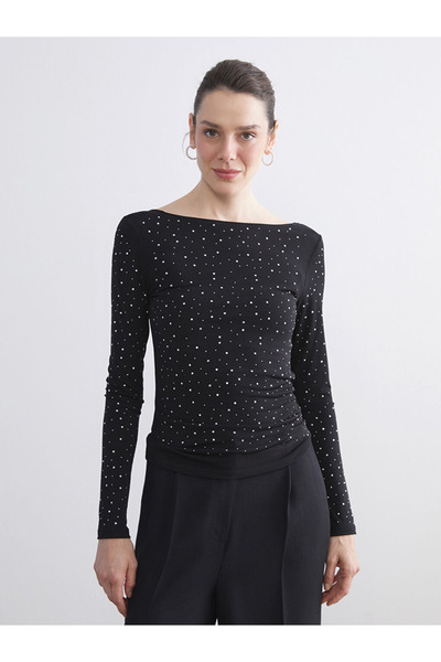 LC Waikiki Basic Black Boat Neck Stone Blouse